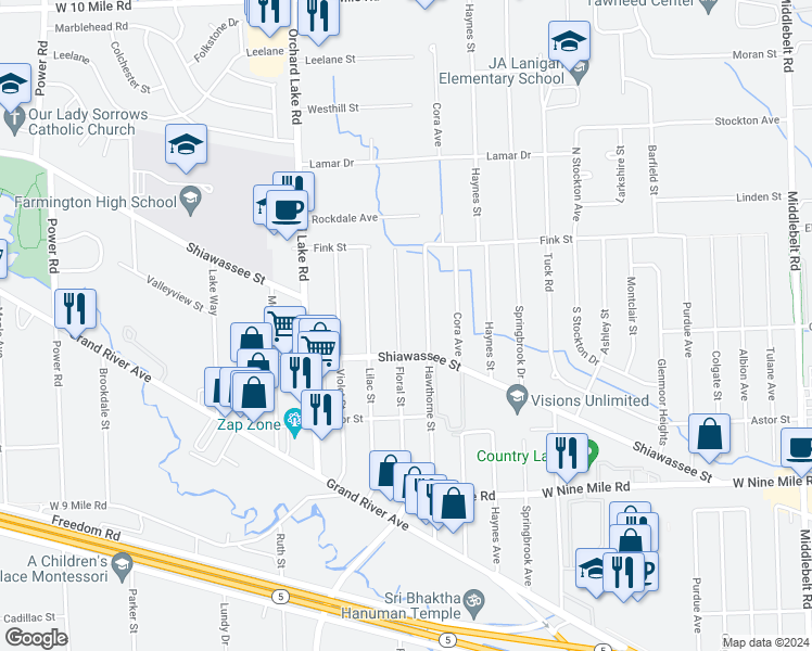map of restaurants, bars, coffee shops, grocery stores, and more near 23072 Floral Street in Farmington