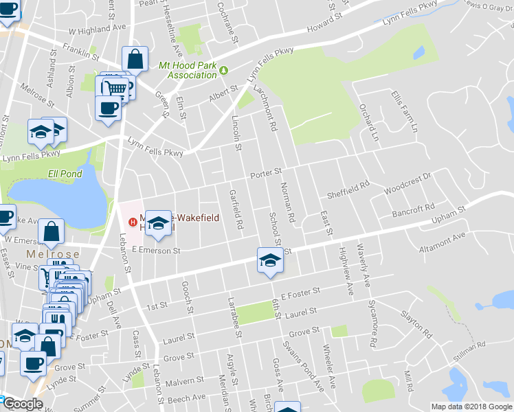 map of restaurants, bars, coffee shops, grocery stores, and more near 65 Lincoln Street in Melrose