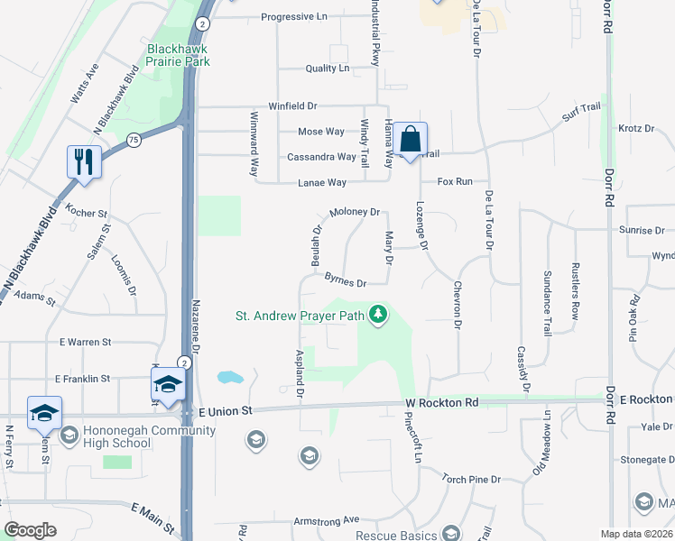 map of restaurants, bars, coffee shops, grocery stores, and more near 611 Byrnes Drive in Rockton