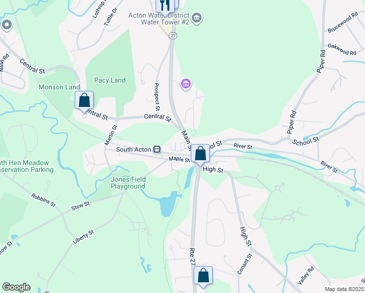 map of restaurants, bars, coffee shops, grocery stores, and more near 11 Railroad Street in Acton