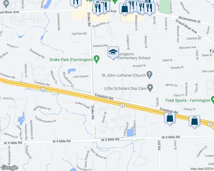 map of restaurants, bars, coffee shops, grocery stores, and more near 23219 Potomac Circle in Farmington Hills
