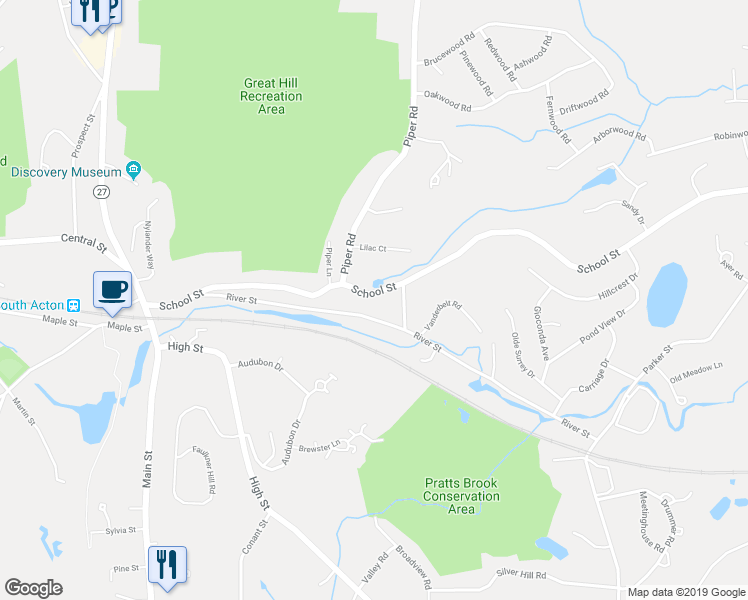 map of restaurants, bars, coffee shops, grocery stores, and more near 66 River Street in Acton