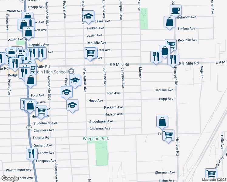 map of restaurants, bars, coffee shops, grocery stores, and more near 11051 Ford Avenue in Warren