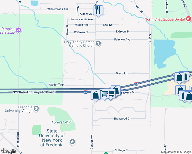 map of restaurants, bars, coffee shops, grocery stores, and more near 1114 Central Avenue in Dunkirk