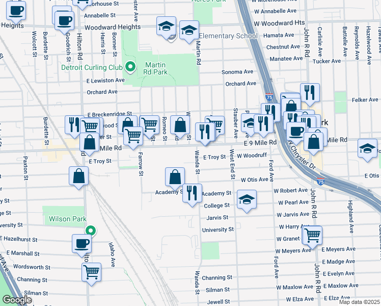 map of restaurants, bars, coffee shops, grocery stores, and more near 1777 East Troy Street in Ferndale