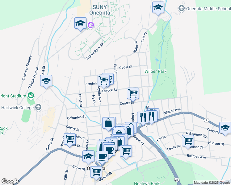 map of restaurants, bars, coffee shops, grocery stores, and more near 72-74 Spruce Street in Oneonta