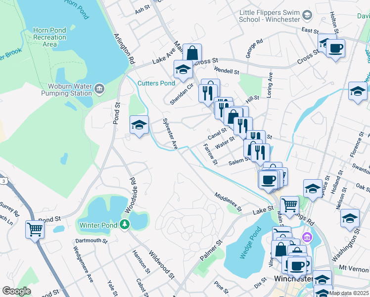 map of restaurants, bars, coffee shops, grocery stores, and more near 93 Canal Street in Winchester
