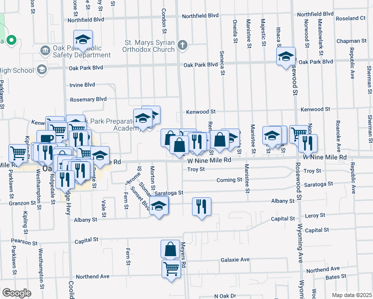 map of restaurants, bars, coffee shops, grocery stores, and more near 23040 Scotia Road in Oak Park