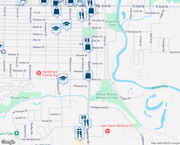 map of restaurants, bars, coffee shops, grocery stores, and more near 1701 Superior Street in Webster City