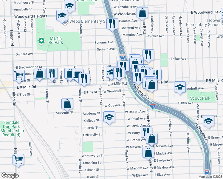 map of restaurants, bars, coffee shops, grocery stores, and more near 380 West Woodruff in Hazel Park