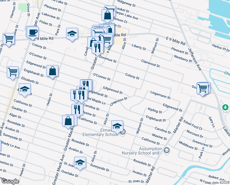 map of restaurants, bars, coffee shops, grocery stores, and more near 22528 Edgewood Street in St. Clair Shores