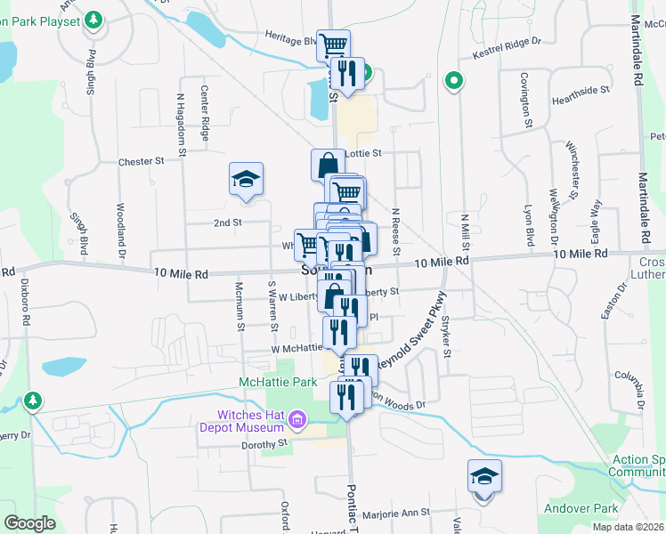 map of restaurants, bars, coffee shops, grocery stores, and more near in South Lyon