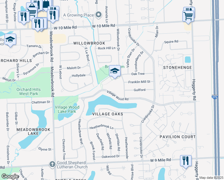 map of restaurants, bars, coffee shops, grocery stores, and more near 40652 Village Wood Road in Novi