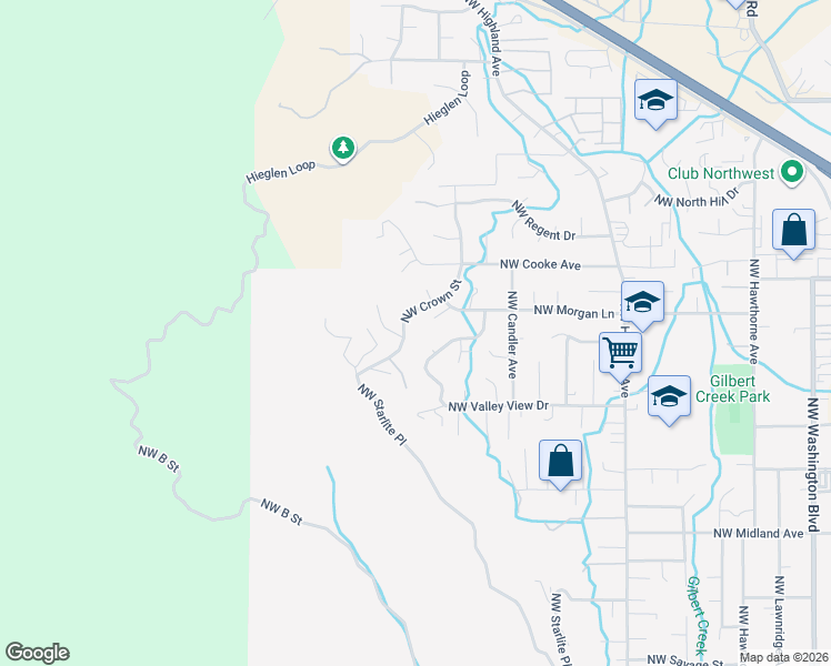 map of restaurants, bars, coffee shops, grocery stores, and more near 1929 Northwest Crown Street in Grants Pass