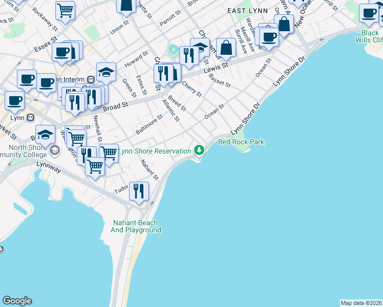 map of restaurants, bars, coffee shops, grocery stores, and more near in Lynn
