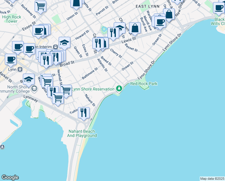 map of restaurants, bars, coffee shops, grocery stores, and more near in Lynn