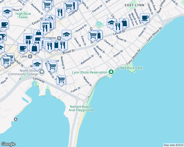 map of restaurants, bars, coffee shops, grocery stores, and more near 268 Ocean Street in Lynn