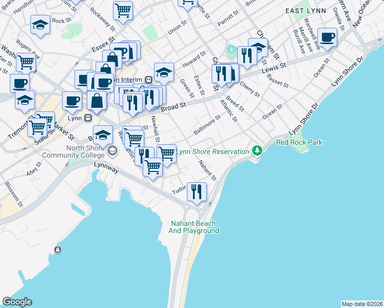 map of restaurants, bars, coffee shops, grocery stores, and more near 95 Nahant Street in Lynn