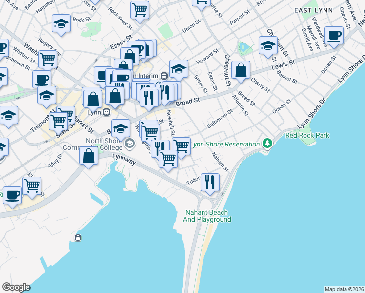 map of restaurants, bars, coffee shops, grocery stores, and more near 69 Newhall Street in Lynn