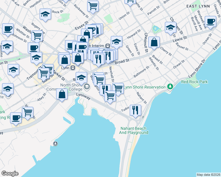 map of restaurants, bars, coffee shops, grocery stores, and more near 69 Newhall Street in Lynn