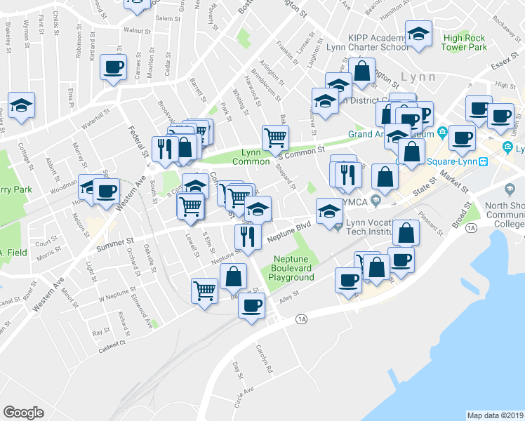 map of restaurants, bars, coffee shops, grocery stores, and more near 61 Vine Street in Lynn