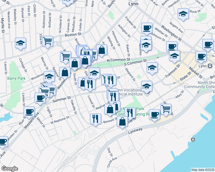 map of restaurants, bars, coffee shops, grocery stores, and more near 66 Commercial Street in Lynn