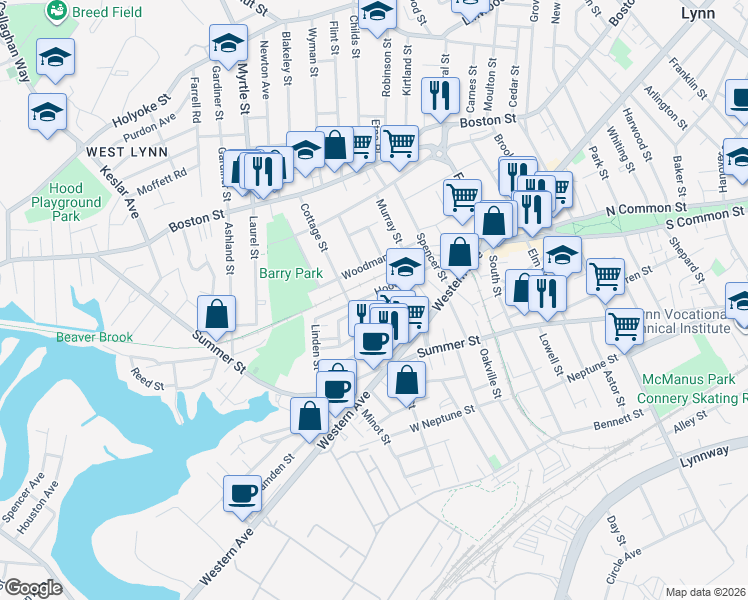 map of restaurants, bars, coffee shops, grocery stores, and more near 68 Hood Street in Lynn