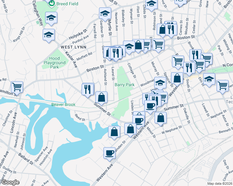 map of restaurants, bars, coffee shops, grocery stores, and more near 86 Laurel Street in Lynn