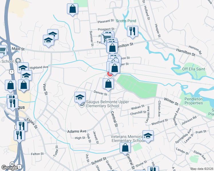 map of restaurants, bars, coffee shops, grocery stores, and more near in Saugus