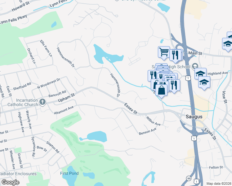 map of restaurants, bars, coffee shops, grocery stores, and more near 1 Hammersmith Drive in Saugus