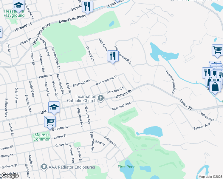 map of restaurants, bars, coffee shops, grocery stores, and more near 63 Bancroft Road in Melrose