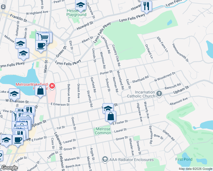 map of restaurants, bars, coffee shops, grocery stores, and more near 65 Lincoln Street in Melrose