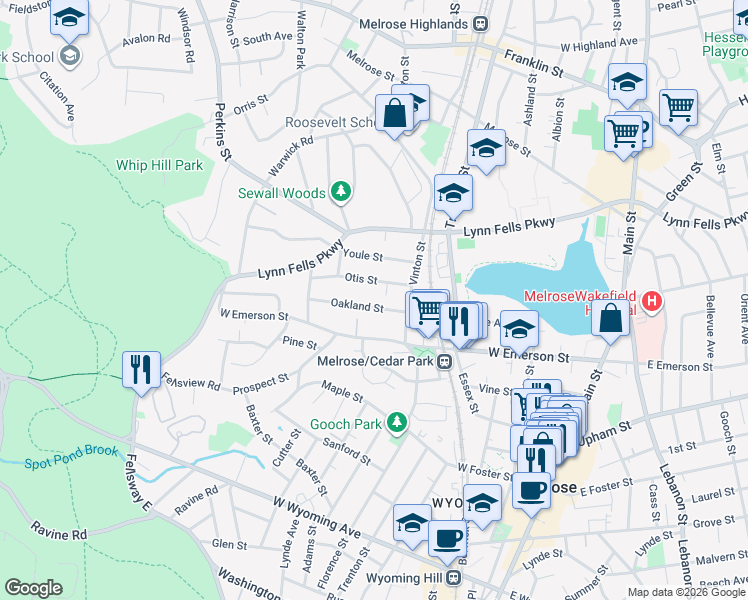 map of restaurants, bars, coffee shops, grocery stores, and more near 29 Oakland Street in Melrose