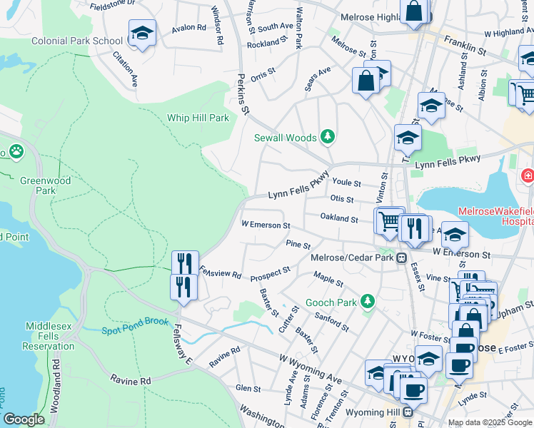 map of restaurants, bars, coffee shops, grocery stores, and more near 311 West Emerson Street in Melrose