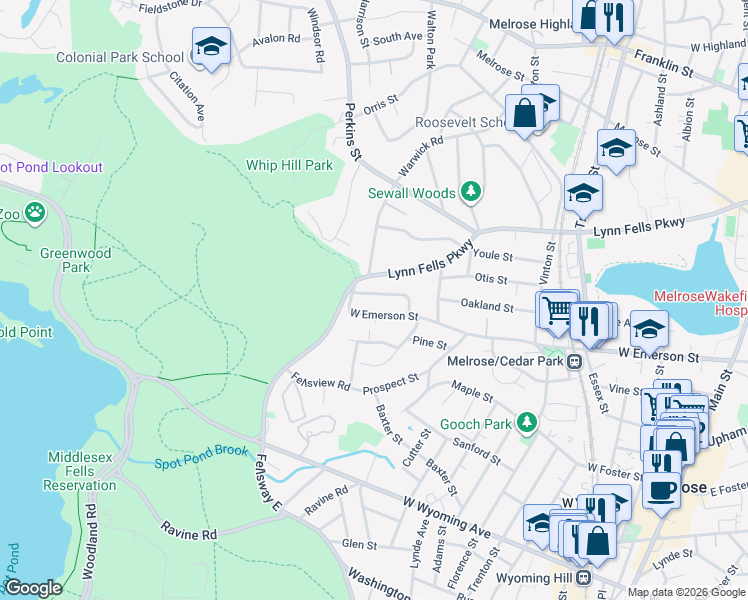 map of restaurants, bars, coffee shops, grocery stores, and more near 339 West Emerson Street in Melrose