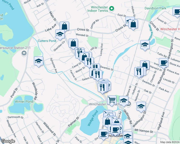 map of restaurants, bars, coffee shops, grocery stores, and more near 24 Richardson Street in Winchester