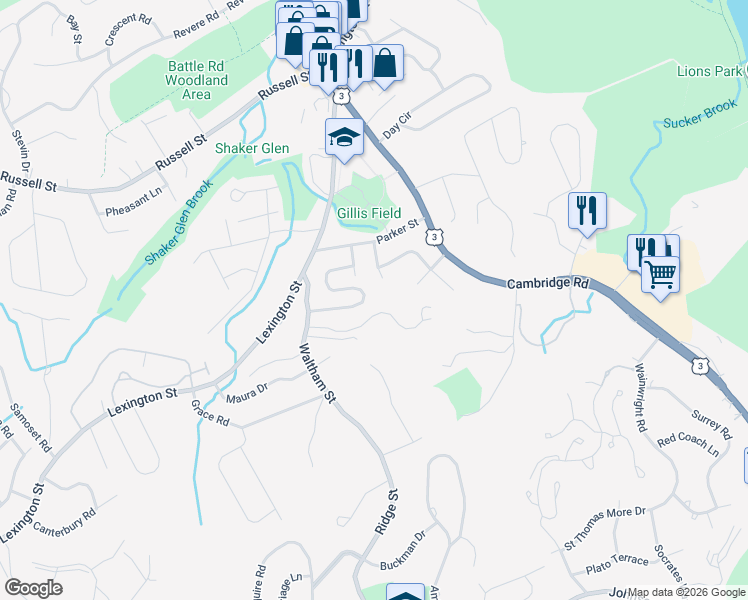map of restaurants, bars, coffee shops, grocery stores, and more near 20 Bernard Road in Woburn