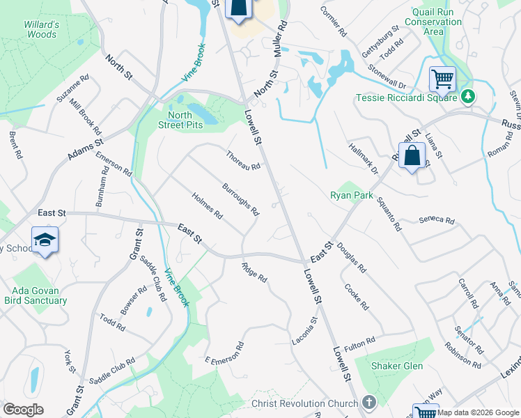 map of restaurants, bars, coffee shops, grocery stores, and more near 550 Lowell Street in Lexington