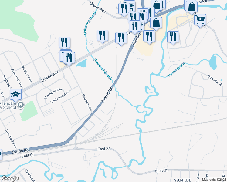 map of restaurants, bars, coffee shops, grocery stores, and more near 444 Merrill Rd in Pittsfield