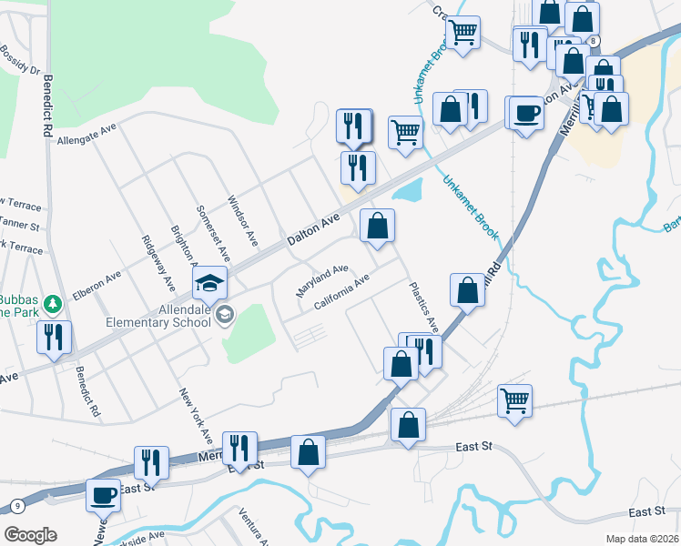 map of restaurants, bars, coffee shops, grocery stores, and more near 88 Maryland Ave in Pittsfield