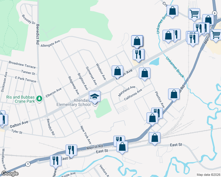 map of restaurants, bars, coffee shops, grocery stores, and more near 213 Connecticut Avenue in Pittsfield