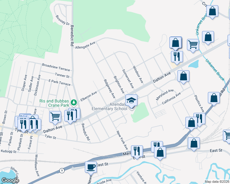 map of restaurants, bars, coffee shops, grocery stores, and more near 23 Ridgeway Ave in Pittsfield
