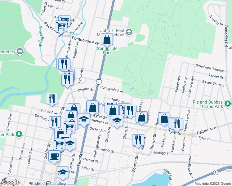map of restaurants, bars, coffee shops, grocery stores, and more near 17 Hull Avenue in Pittsfield