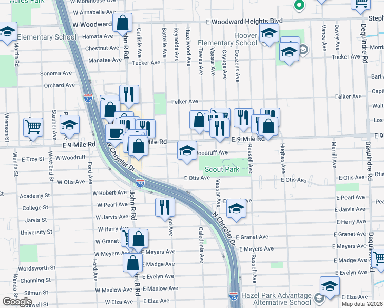map of restaurants, bars, coffee shops, grocery stores, and more near 650 East Woodruff Avenue in Hazel Park