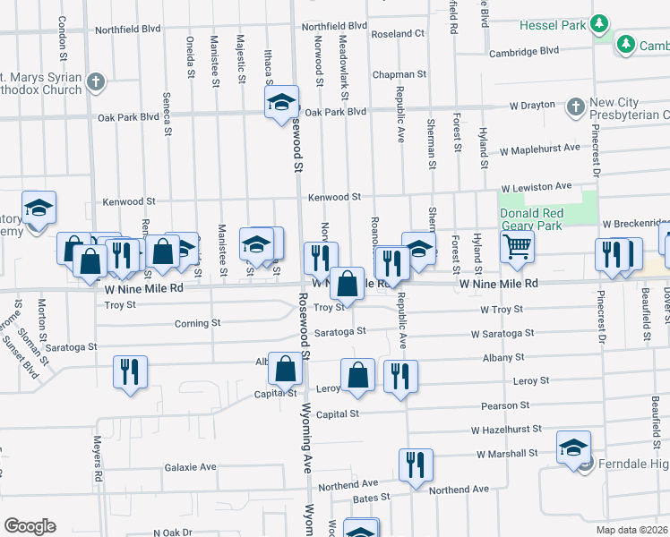 map of restaurants, bars, coffee shops, grocery stores, and more near 8700 West Nine Mile Road in Oak Park