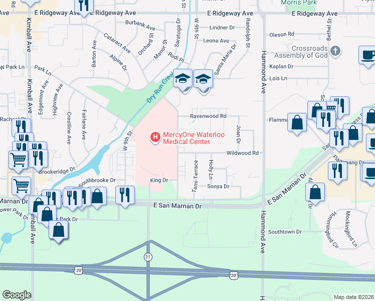 map of restaurants, bars, coffee shops, grocery stores, and more near 3810 Tami Terrace in Waterloo