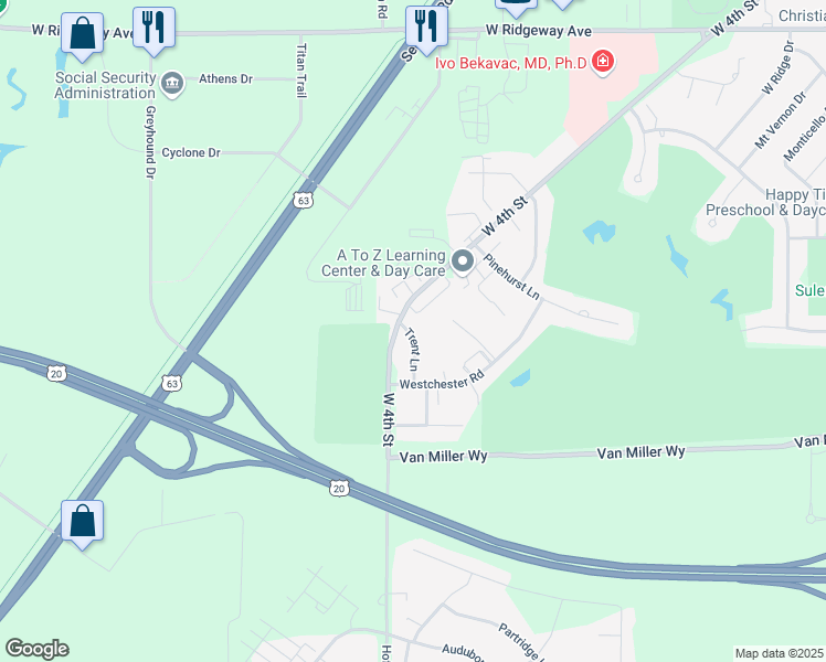map of restaurants, bars, coffee shops, grocery stores, and more near 3836 Trent Lane in Waterloo