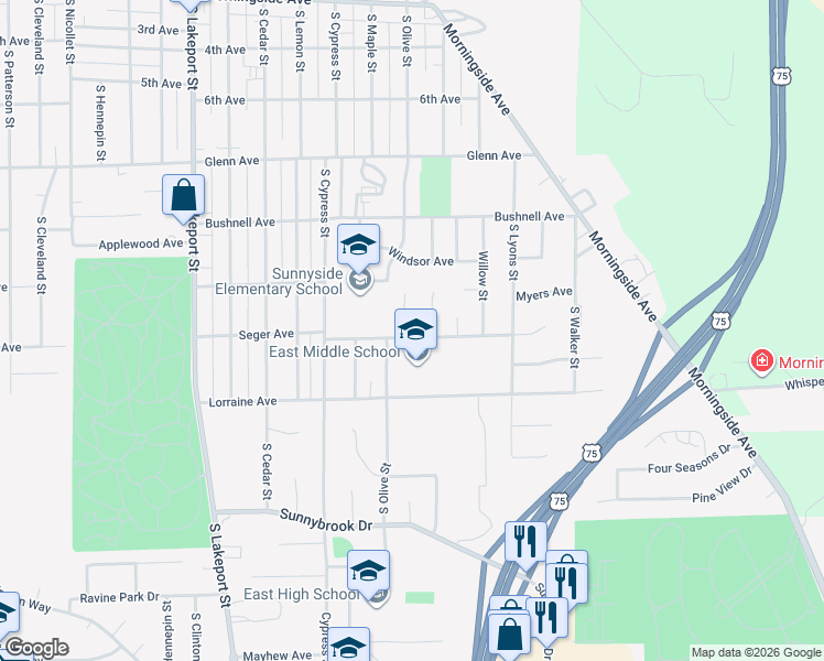 map of restaurants, bars, coffee shops, grocery stores, and more near 5352-5398 Seger Avenue in Sioux City