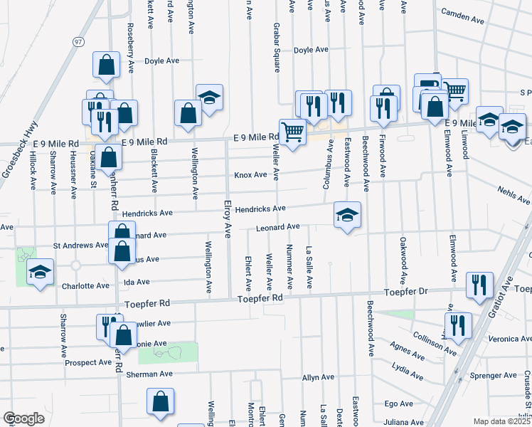 map of restaurants, bars, coffee shops, grocery stores, and more near 14320 Hendricks Avenue in Warren