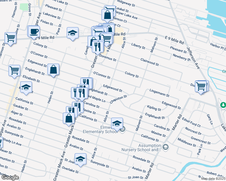 map of restaurants, bars, coffee shops, grocery stores, and more near 22528 Edgewood Street in St. Clair Shores
